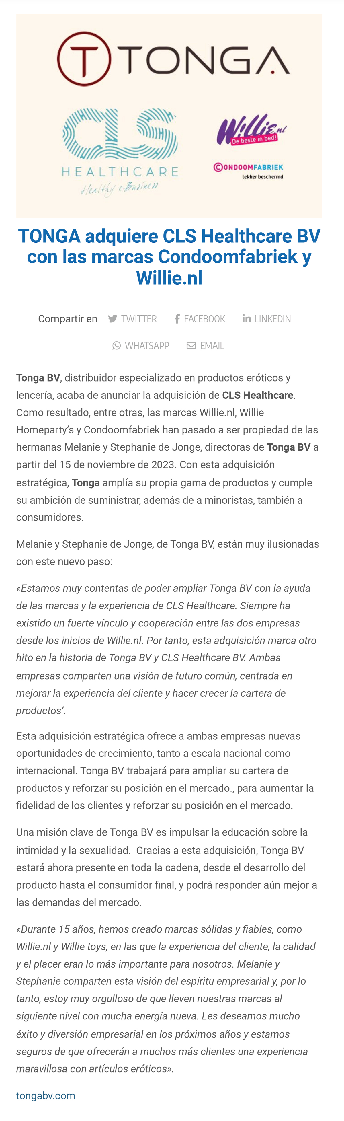 2023-11 Sugextions - Tonga adquiere CLS Healthcare BV con las marcas Condoomfabriek y Willie nl